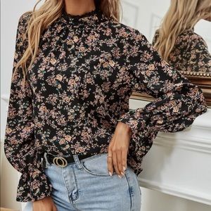Floral print mock neck blouse